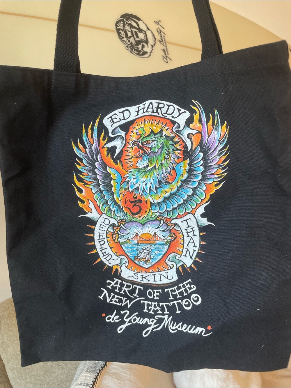 Ed Hardy Black Tote with Multicolor Phoenix Print